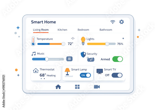 Smart home control panel illustrated through a tablet interface managing multiple rooms with soft sliders and toggles, expressing intuitive interaction