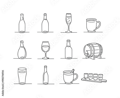 Cider Varieties. Minimalistic set one-line drawing dry cider bottle, sweet cider bottle, sparkling cider glass, apple cider mug, pear cider bottle, rose cider