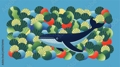 Blue whale swimming through colorful abstract ocean shapes and seashell pattern, vibrant marine wildlife illustration