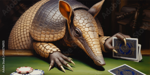 Anthropomorphic armadillo poker player at green card table holding playing cards in moody casino illustration