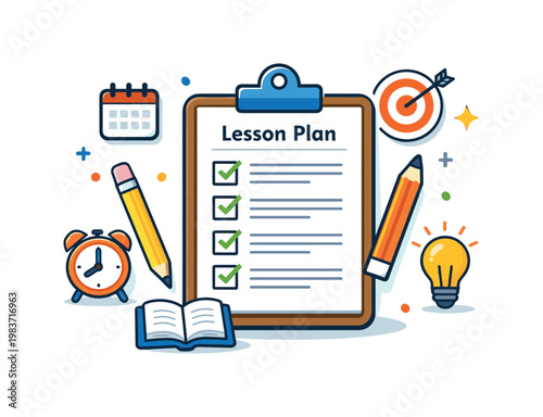 Lesson planning checklist centered around a clipboard with checkmarks, pencils, and small study symbols that suggest structure and confidence before class
