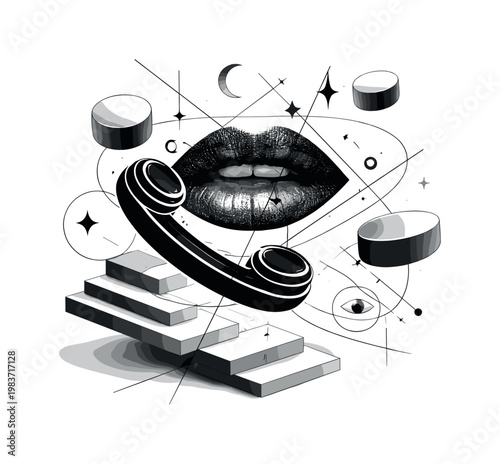 abstract surreal object, floating cylinders stepped rectangles thin intersecting lines and abstract symbolic elements, black and white lips combined with a