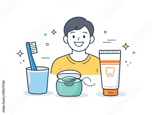 Complete oral hygiene routine. Toothbrush, floss, and toothpaste arranged neatly with a smiling person in the background. Healthy habits, organization,