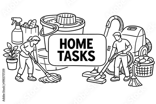 Household Chore Tasks. Clean outline line art banner scene of home cleaning with people doing chores, oversized mop bucket and vacuum cleaner as the main