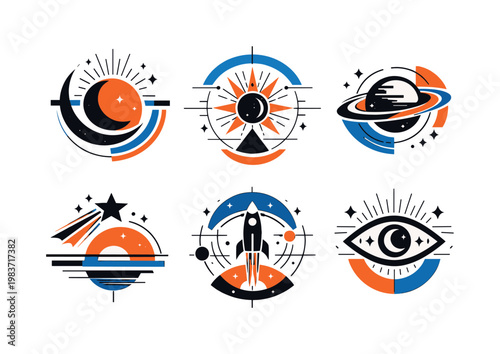 Celestial icons, enhanced by abstract circles, fragmented semicircles, directional lines, and symbolic geometric compositions, black-and-white space-inspired