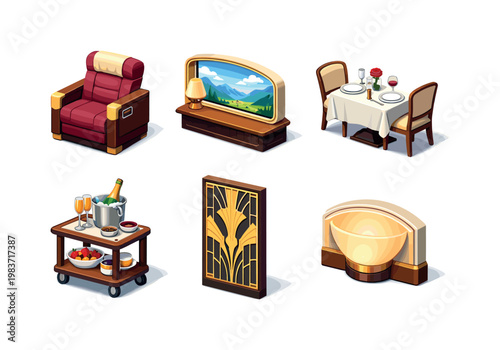 LuxuryRailInterior. Isometric flat vector icons set of luxury rail interior: plush armchair seat, panoramic window section, white-tablecloth dining setup,