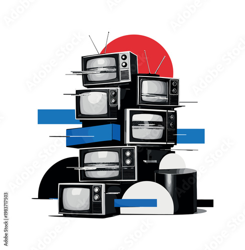 Black and white stack of retro television sets piled asymmetrically, vintage CRT monitors with visible dials and antennas, bold red circular accent behind the