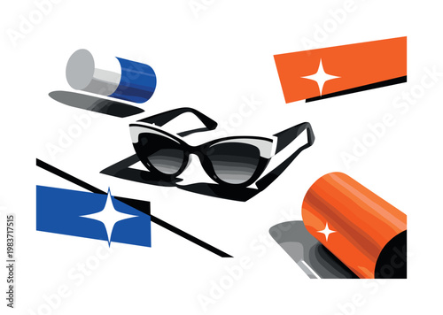 Conceptual fashion advertisement, floating cylinders cropped rectangles sharp lines and symbolic star icons, black and white sunglasses with high contrast