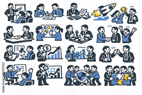 Business Management Series flat vector digital illustration, doodle flat, thick outline, expressive characters, simple shapes, playful proportions, exaggerated