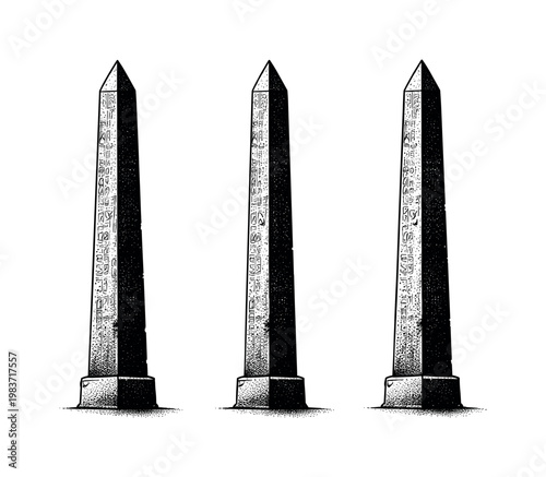 Obelisk side view ? An ancient obelisk presented as one object in three side-oriented views, emphasizing profile silhouette, vertical alignment, and mass