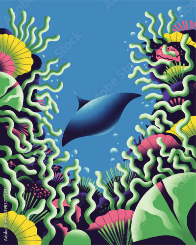 Colorful underwater coral reef illustration with manta ray, sea plants, bubbles and tropical marine life background