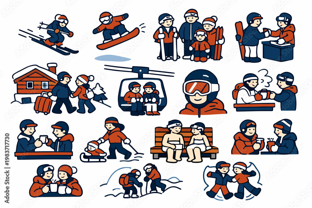 Fototapeta premium Ski Resort Stories flat vector digital illustration, doodle flat, thick outline, expressive characters, simple shapes, playful proportions, exaggerated scale,