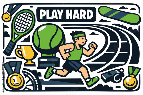 Sports Activity Series flat vector digital illustration, doodle flat, thick outline, expressive characters, simple shapes, playful proportions, exaggerated