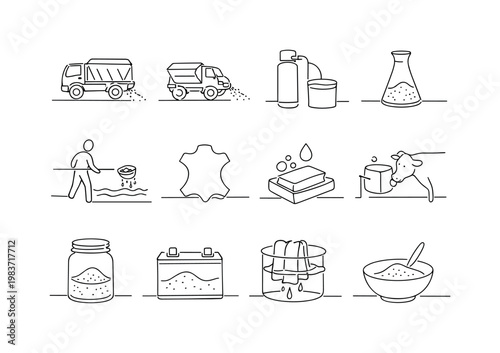 Industrial and Everyday Uses of Salt. Minimalistic set one-line drawing road de-icing truck, salt spreader on road, water softener unit, chemical lab flask