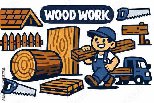 Wood Material Series flat vector digital illustration, doodle flat, thick outline, expressive characters, simple shapes, playful proportions, exaggerated