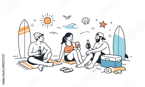 Post-Surf Relaxation and Gear. Surfers sitting near boards, towels, and a cooler after a session, sharing drinks and quiet conversation in a calm beach moment.