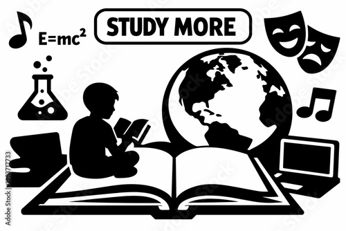 School Subject Learning. Clean solid/filled composition of an academic school subjects scene with one student, oversized globe and open textbook as dominant