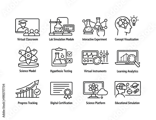 Simulation based science education. Line icon set of simulation based science education: virtual classroom, lab simulation module, interactive experiment,