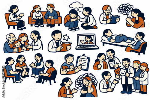 Psychology Support Stories flat vector digital illustration, doodle flat, thick outline, expressive characters, simple shapes, playful proportions, exaggerated