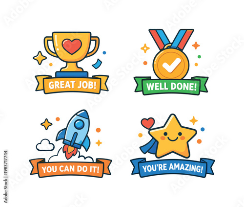 Achievement reward badges highlighting encouragement and positive reinforcement. A clean symbolic composition with a badge surrounded by light celebratory
