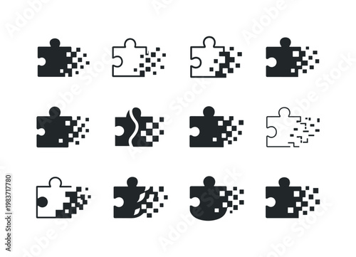 memories fading (dementia theme). Icon set. Set Logo of memories fading (dementia theme): fading puzzle piece. harmonious logo variations of the same