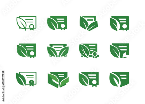 Green bonds. Icon set. Set Logo of green bonds: leaf integrated with bond certificate. harmonious logo variations of the same emblematic concept, each with