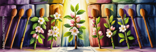 Watercolor still life of blossom branches and wooden whisks against colorful fabric rolls, spring floral craft illustration