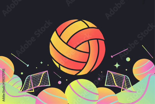 Colorful Volleyball Illustration with Neon Sports Nets and Abstract Cosmic Landscape on Dark Background