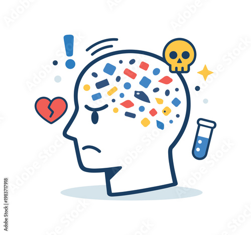 Microplastic contamination fear represented by a human head outline with scattered micro particles inside, expressing worry about long-term health effects and