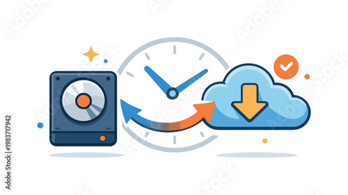 Backup and recovery systems conveyed by a hard drive and cloud linked with arrows and subtle clock elements, highlighting scheduled backups and