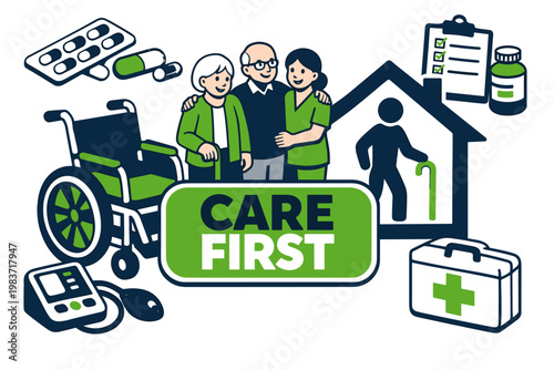 Senior Care Stories Senior Care Stories collection of digital illustrations, small readable scenes of caregivers assisting seniors, grandparents walking with