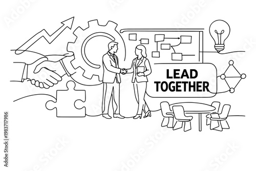 Business Management Team. Clean one-line drawing banner scene of two managers coordinating beside an oversized gear and giant teamwork board, composition