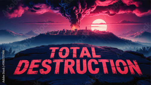 Total Destruction Apocalypse Poster with Burning City, Smoke Plume, Pink Sunset Sky and Dramatic Ruins Landscape Illustration