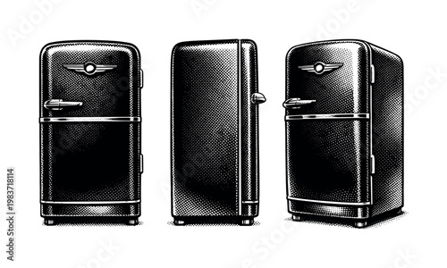 Refrigerator 1960s style ? retro domestic refrigerator with rounded corners, protruding door seal, and decorative chrome badge, displayed in front view, side