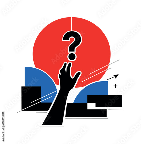 Black and white silhouette hand reaching toward a suspended question mark, large cropped red circle dominating upper background to symbolize intensity of