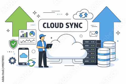 Cloud Computing Network. Clean editorial banner about cloud services and digital infrastructure, one engineer monitoring an oversized cloud beside server racks