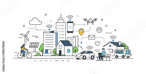 Smart city urban systems. Calm editorial overview of a modern city with connected buildings, roads, and digital signals flowing between elements, showing