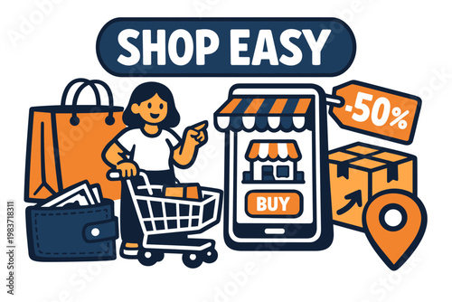 Shopping Commerce Series flat vector digital illustration, doodle flat, thick outline, expressive characters, simple shapes, playful proportions, exaggerated