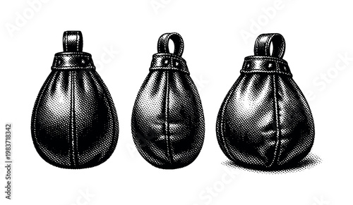 Hot air balloon sandbag ballast with stitched leather form and attachment loop, represented as one realistic ballast bag shown in three views including front,