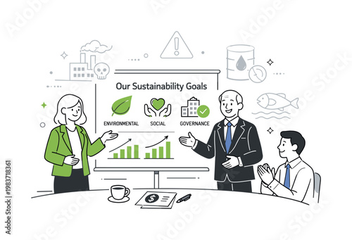 Greenwashing corporate ESG. Executives presenting a sustainability slide with leaf icons while subtle warning symbols appear in the background. Polished