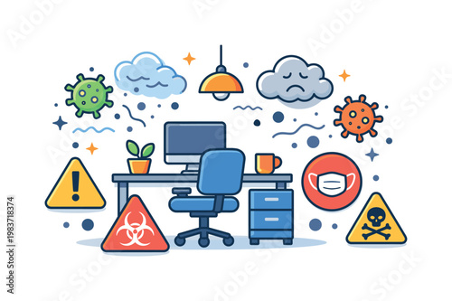 Office air quality fear visualized as invisible threats with floating particles surrounding office furniture while warning symbols suggest heightened