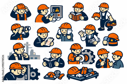 Helmet Safety Stories flat vector digital illustration, doodle flat, thick outline, expressive characters, simple shapes, playful proportions, exaggerated