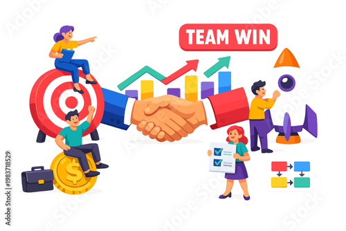 Business Team Finance coworkers reviewing an oversized handshake and finance chart across the full canvas, three stylized human characters interacting with