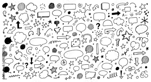 hand-drawn speech bubbles and stars arrows question marks and doodles