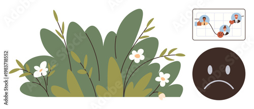 Communication barriers, social interactions, loneliness, mental health, emotional well-being, nature. A visual chart of connections, sad face foliage with flowers. Communication barriers