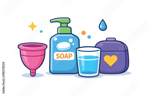 Menstrual cup hygiene showing a reusable cup paired with clean water, mild soap, and a simple storage case, forming a compact symbol of safe routine and