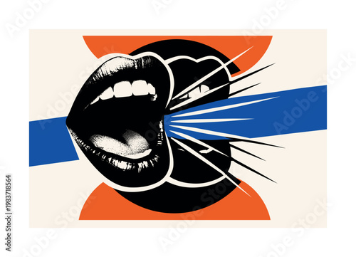 High-contrast black and white close-up of open lips in mid-speech, duplicated offset silhouette creating echo effect, wide cobalt blue banner shape slicing