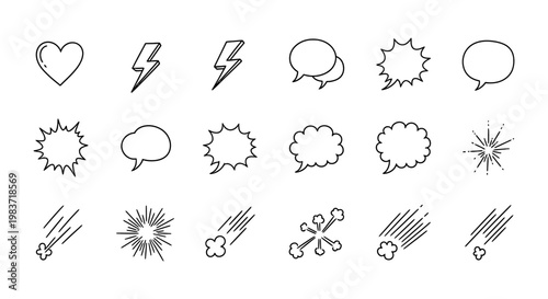 handdrawn vector comic book elements speech bubbles lightning bolts and explosion symbols for diverse graphic design.