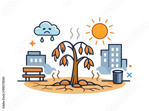 Lack of urban greenery impact depicted by a dry city square with a small wilted tree, emphasizing stress caused by missing shade and cooling vegetation.