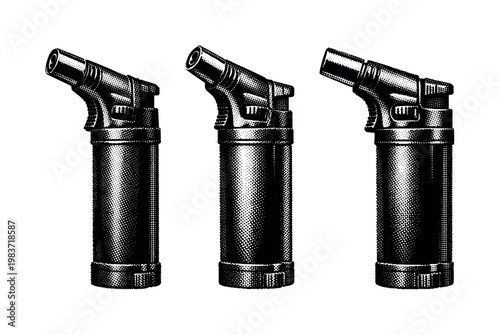 Torch lighter shown as a compact refillable lighter with an angled nozzle and trigger ignition mechanism, presented as a single object. Black and white dot
